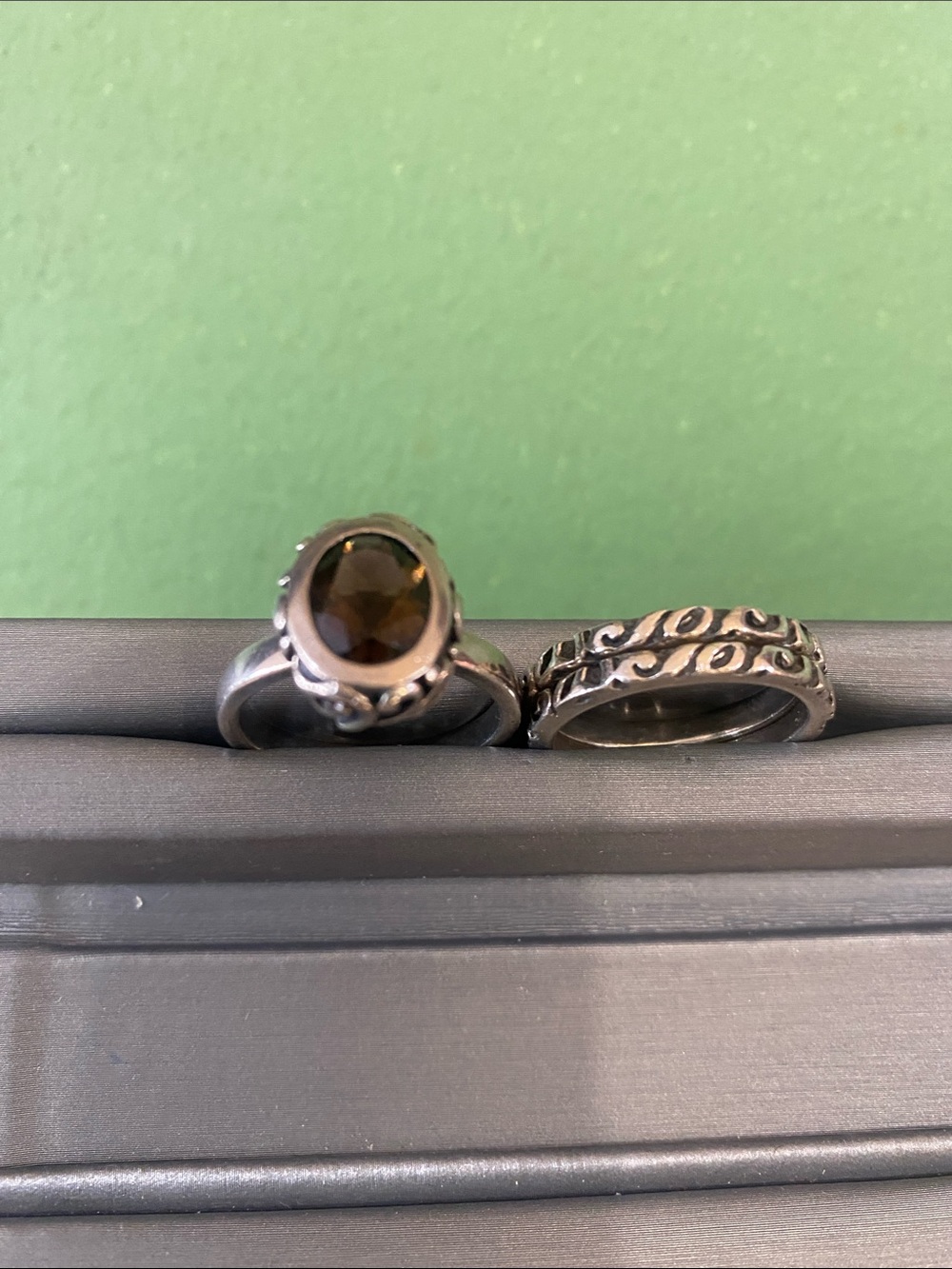 Vintage 925 Sterling Silver Smoky Quartz Ring & Scroll Band Ring Boho Artis